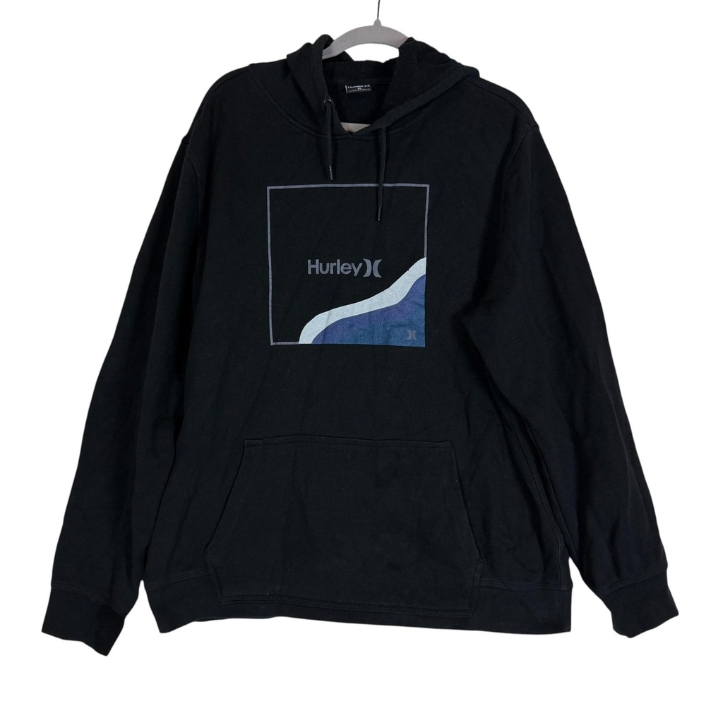 Hurley Hoodie Mens XL Black Pullover Fleece Box Logo Graphic Kangaroo Pocket